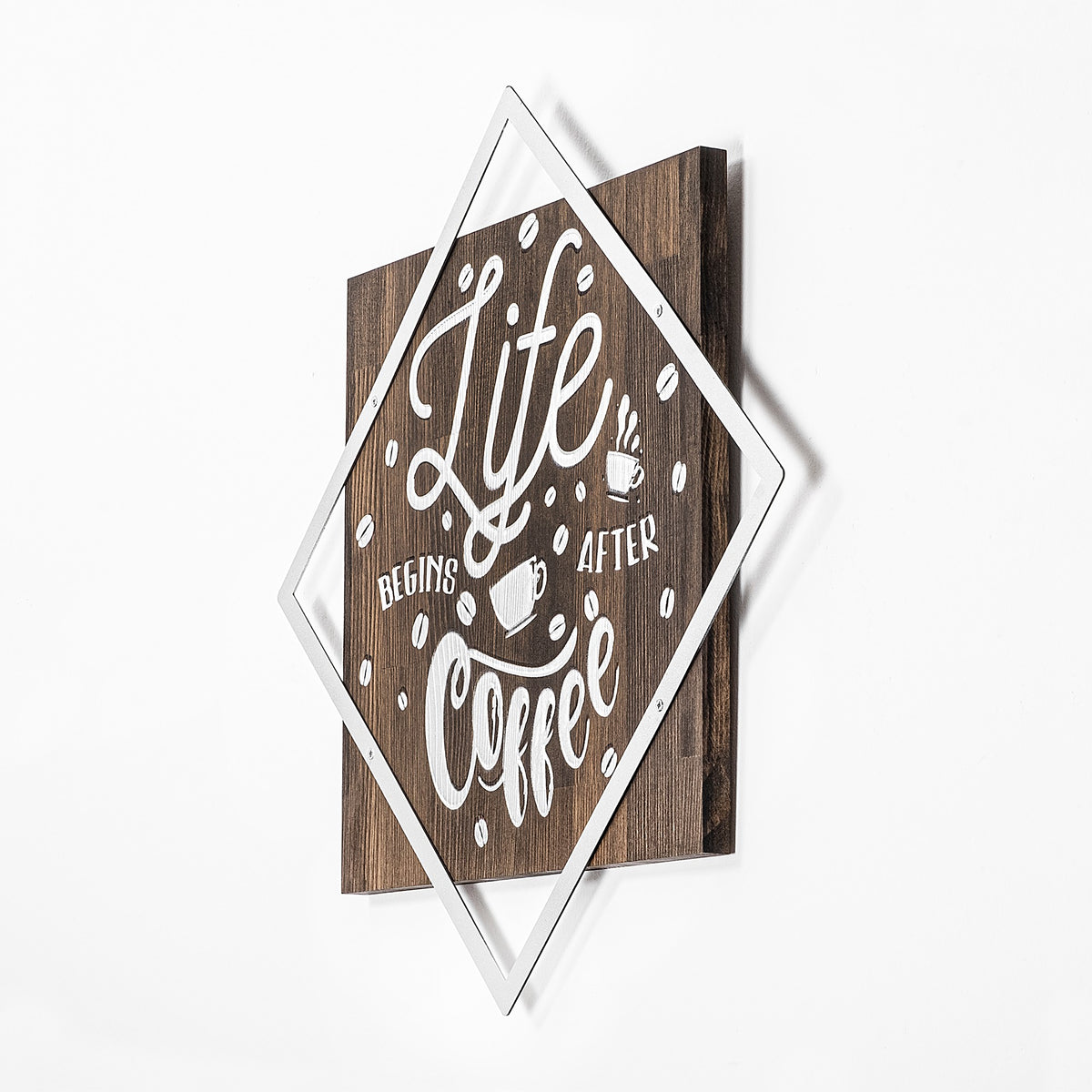 Drvena zidna dekoracija, Life Begins After Coffee - Silver