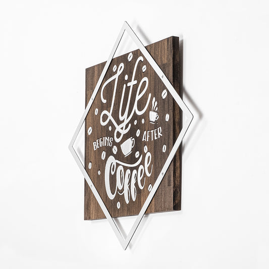 Drvena zidna dekoracija, Life Begins After Coffee - Silver
