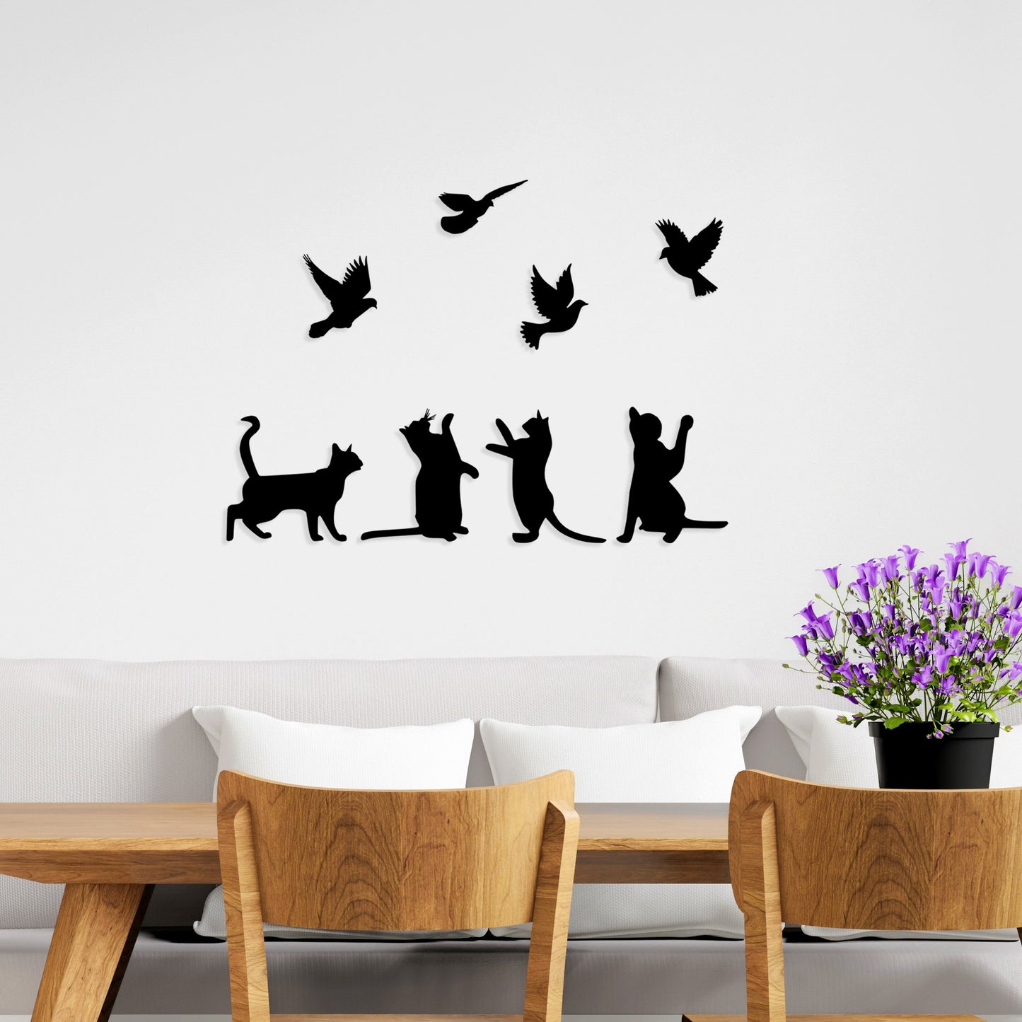 Metalna zidna dekoracija, Birds Playing With Cats
