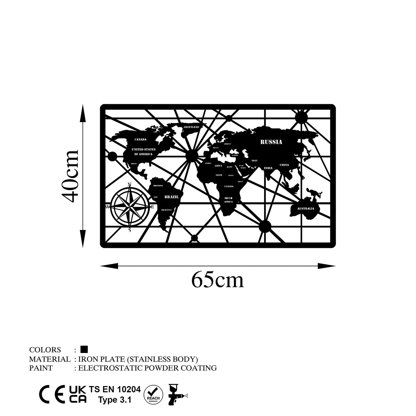 Metalna zidna dekoracija, World Map 7-S