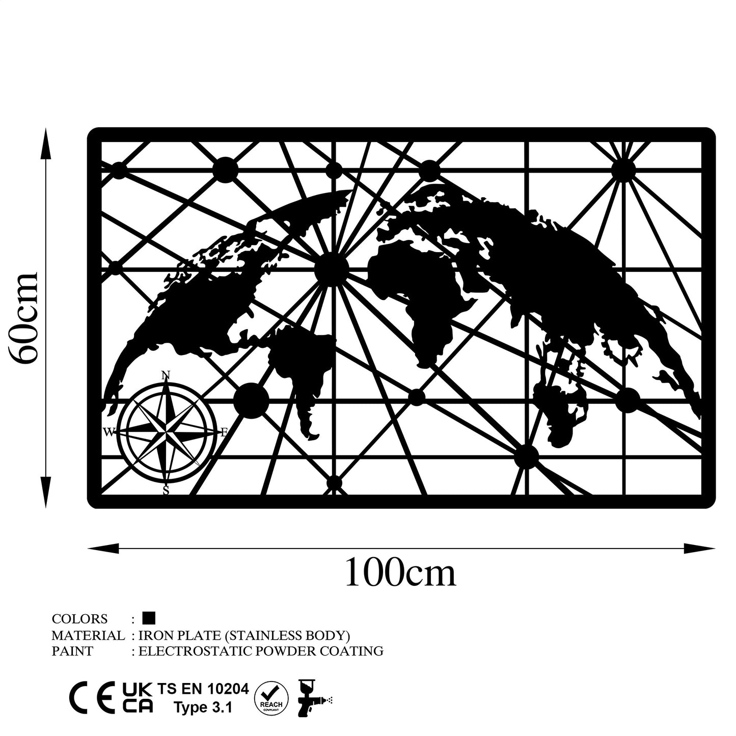 Metalna zidna dekoracija, World Map 8-L