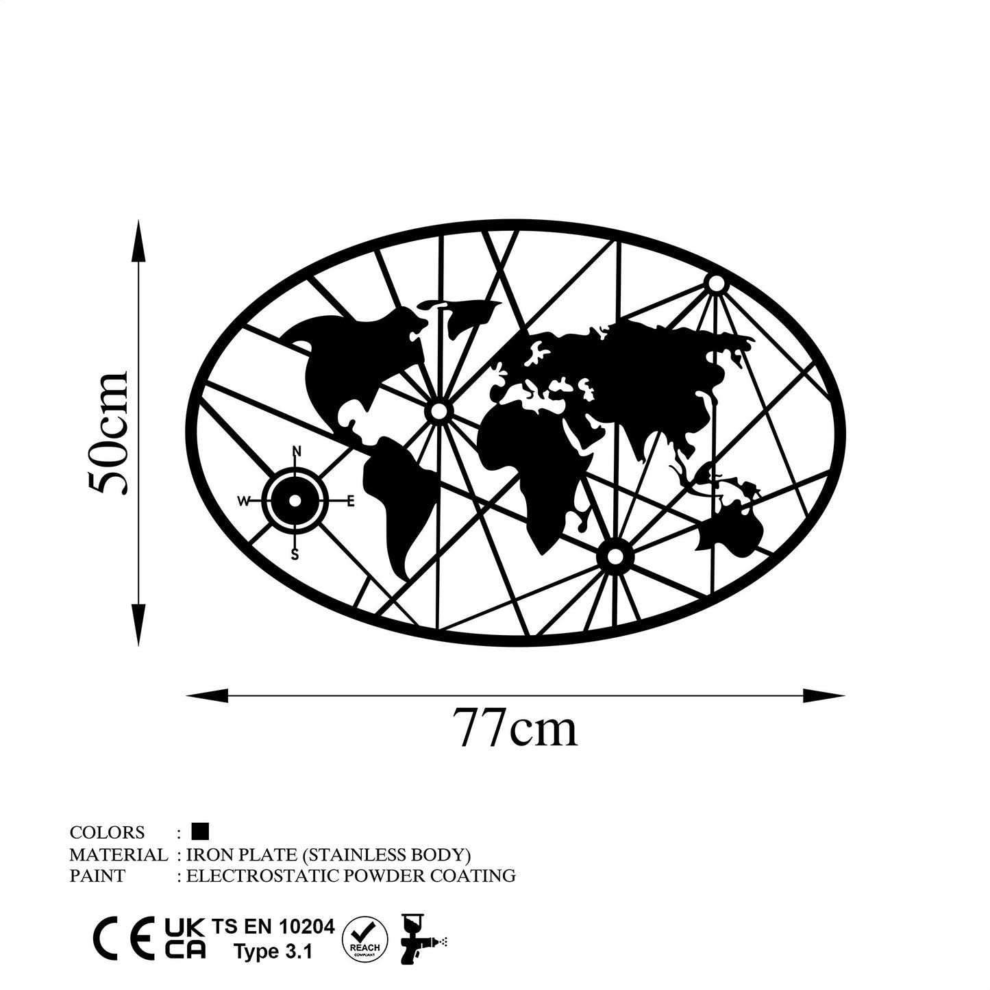 Metalna zidna dekoracija, World Map 8-S v2