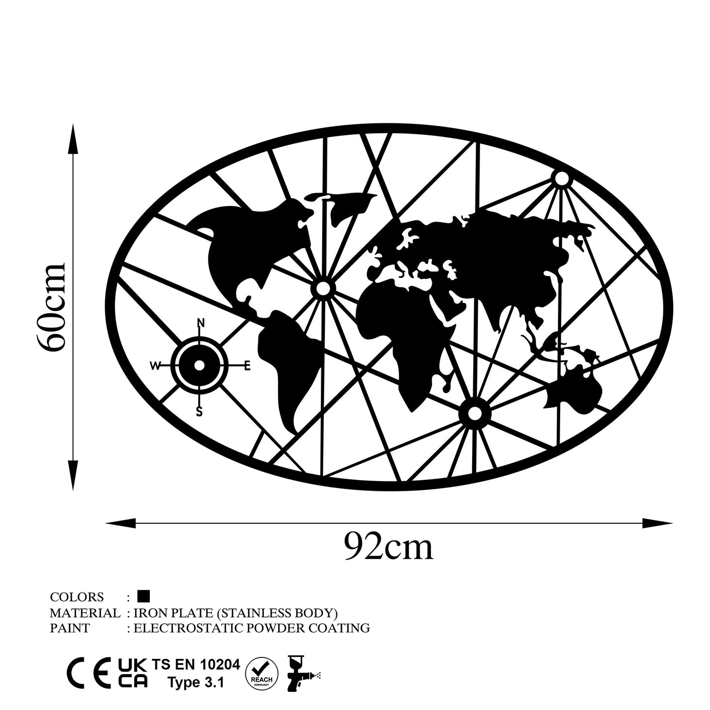 Metalna zidna dekoracija, World Map 8-L v2