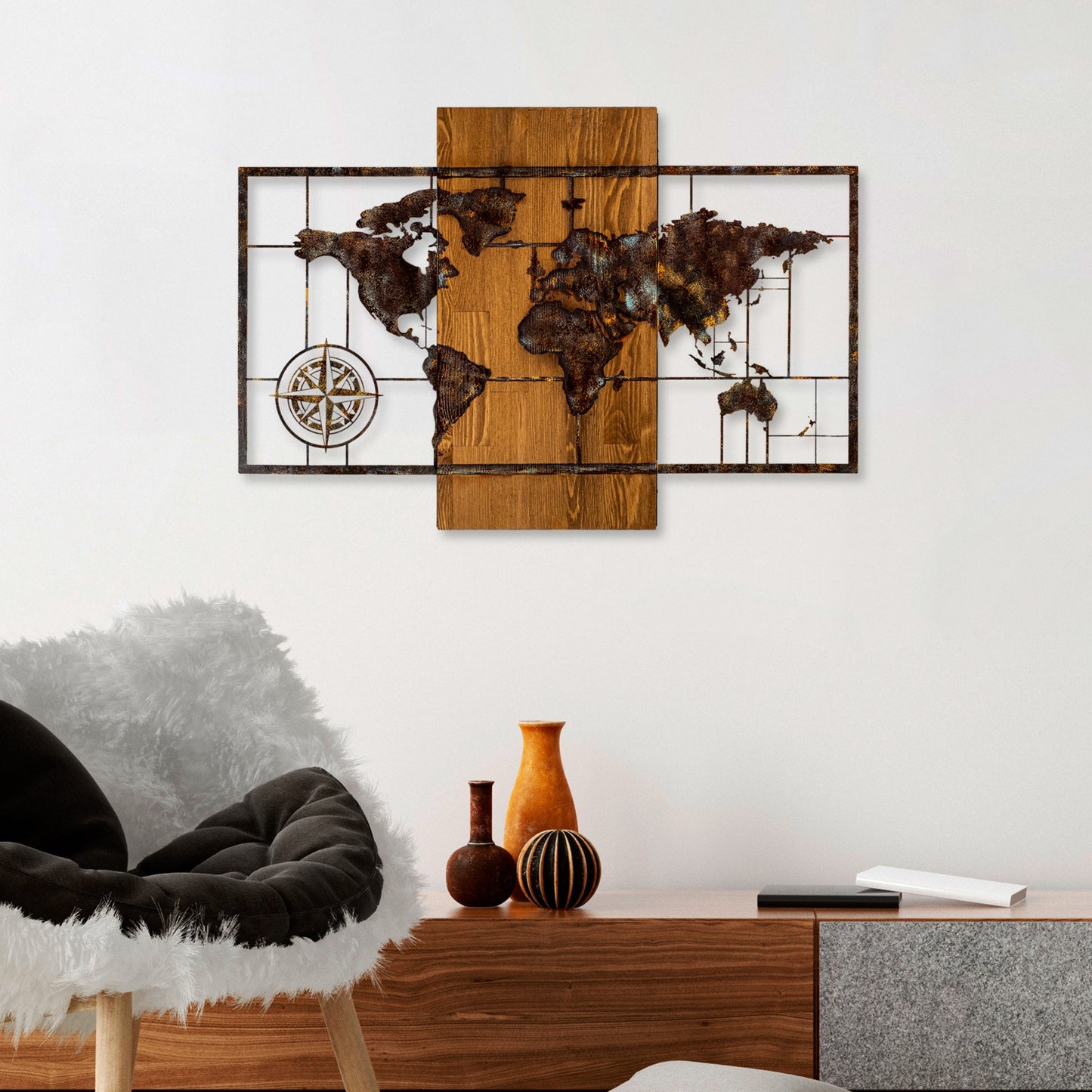 Drvena zidna dekoracija, World Map With Compass 5