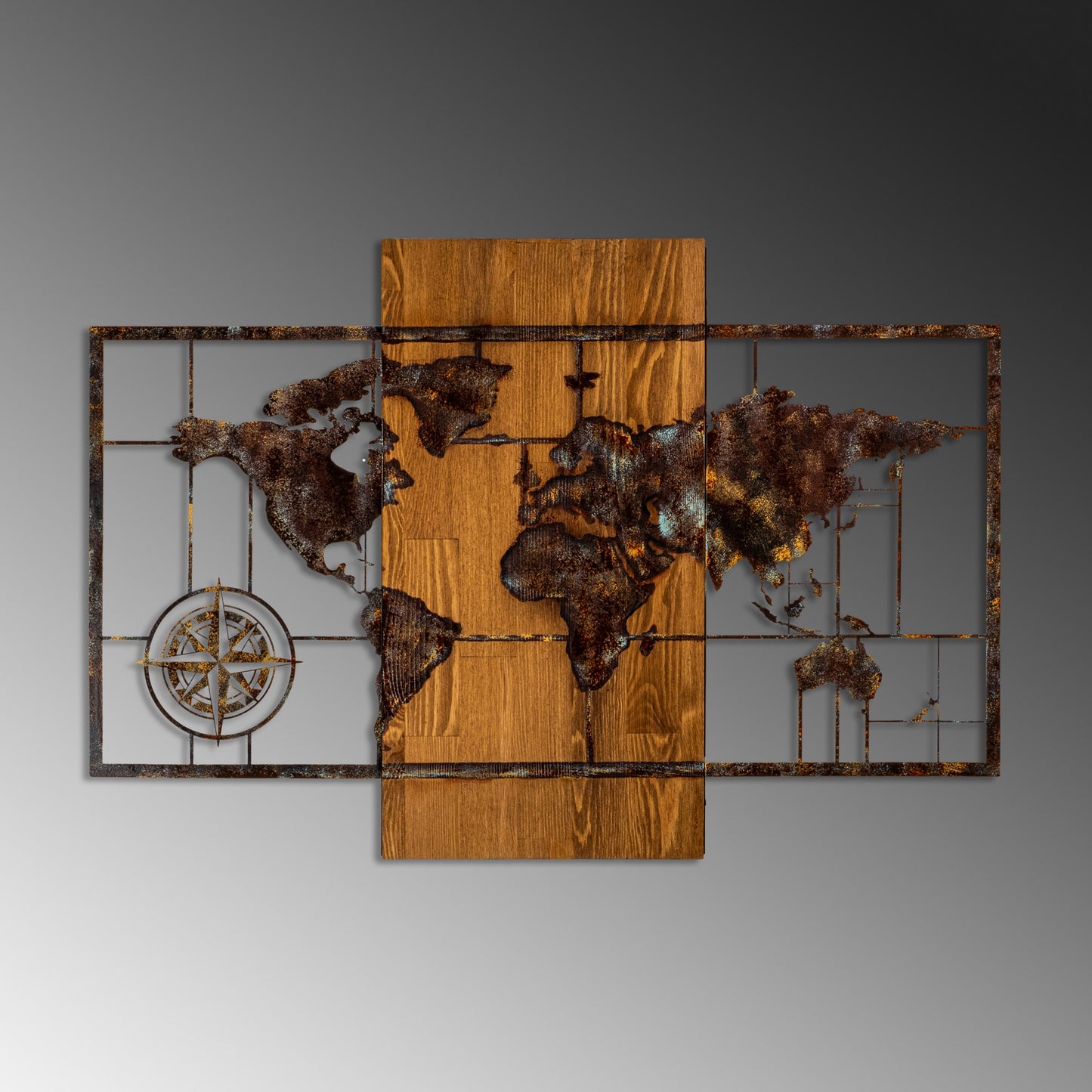 Drvena zidna dekoracija, World Map With Compass 5