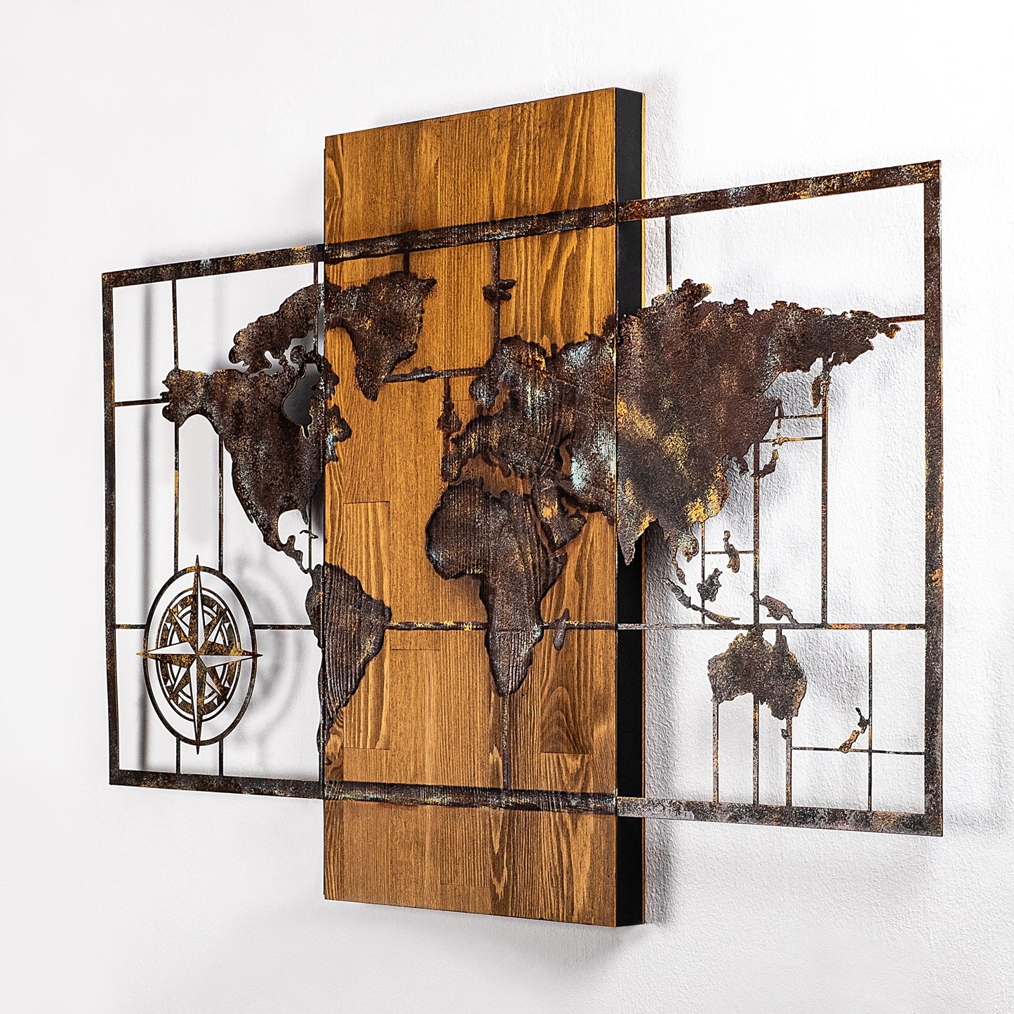 Drvena zidna dekoracija, World Map With Compass 5