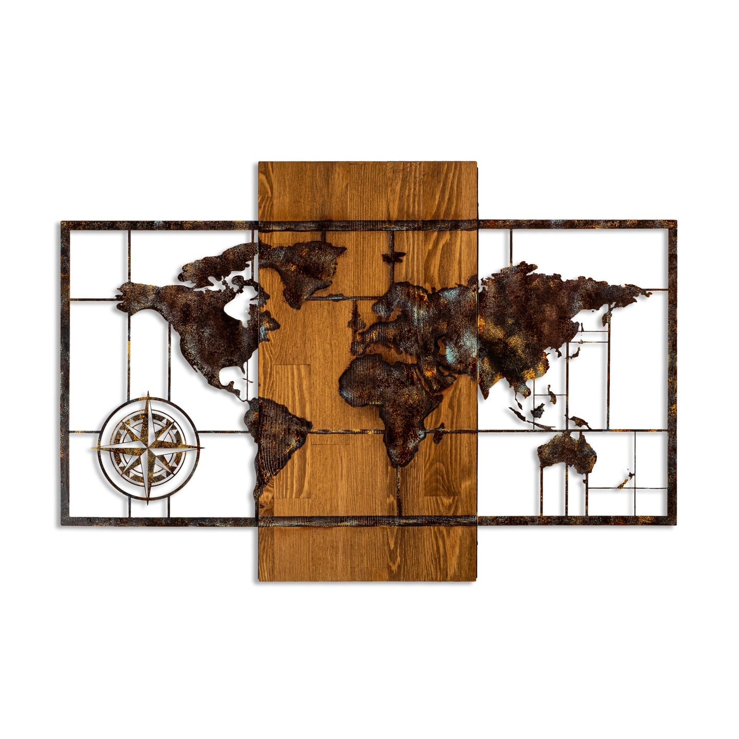Drvena zidna dekoracija, World Map With Compass 5
