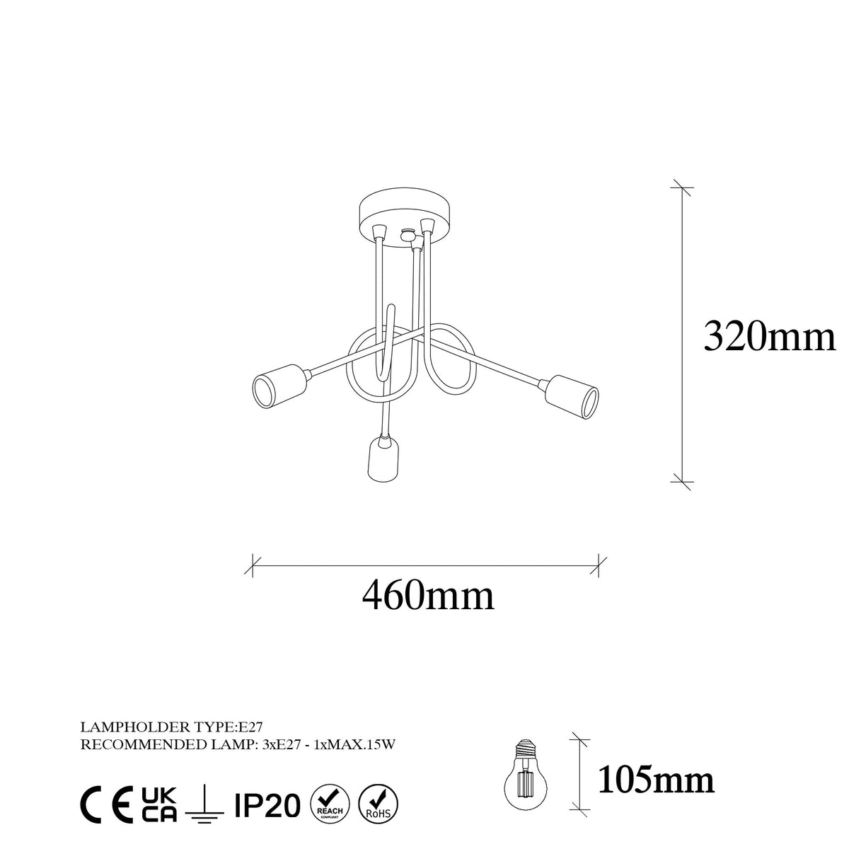 Stropna lampa VIRAJ metal 46 x 46 cm, visina 32 cm, 3 x E27 15 W, Viraj - 10875