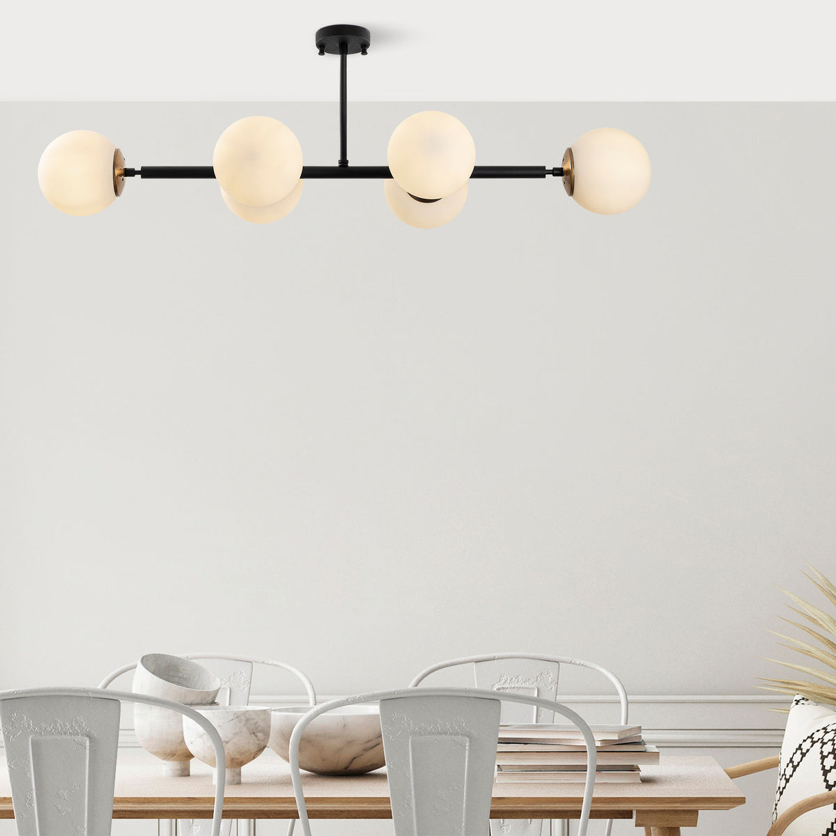 Stropna lampa FAZLI crna, metal- staklo, 110 x 40 x 35 cm, promjer kugli 15 cm, 6 x E14 40 W, Fazli - 10486